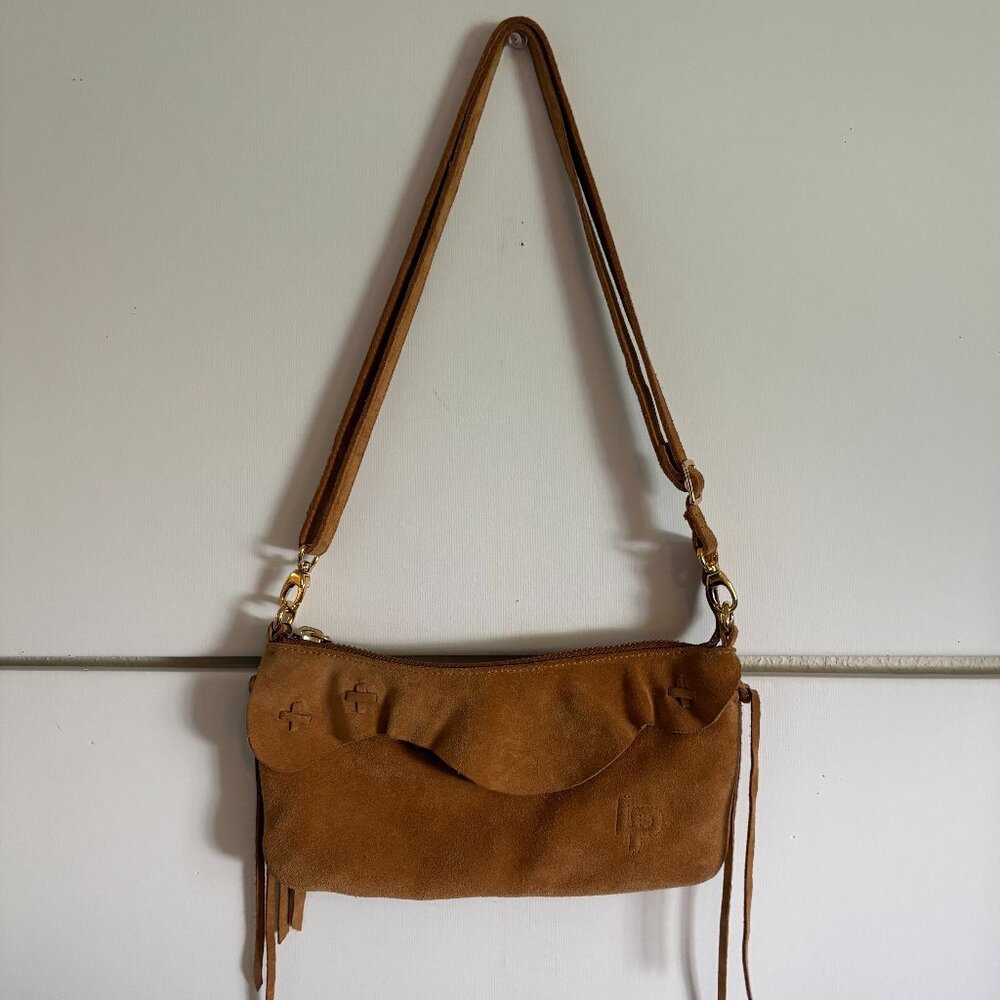 Linea Pelle Chestnut Brown Suede Boho Chic Fringe Clutch Crossbody Bag